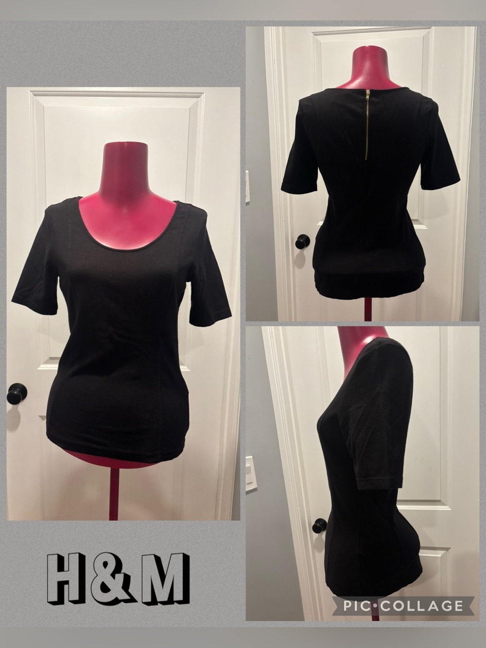 H&M short sleeve Black top with Gold Zipper Small